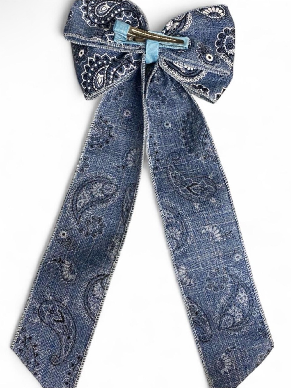 Denim Blue Paisley Print Hair Bow - Picture 4 of 4